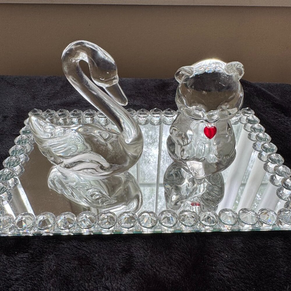 Fenton Vintage Crystal Glass Bear w/ Heart, Swan Signed